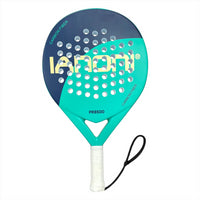 Padel racket with blue and green design on a white background