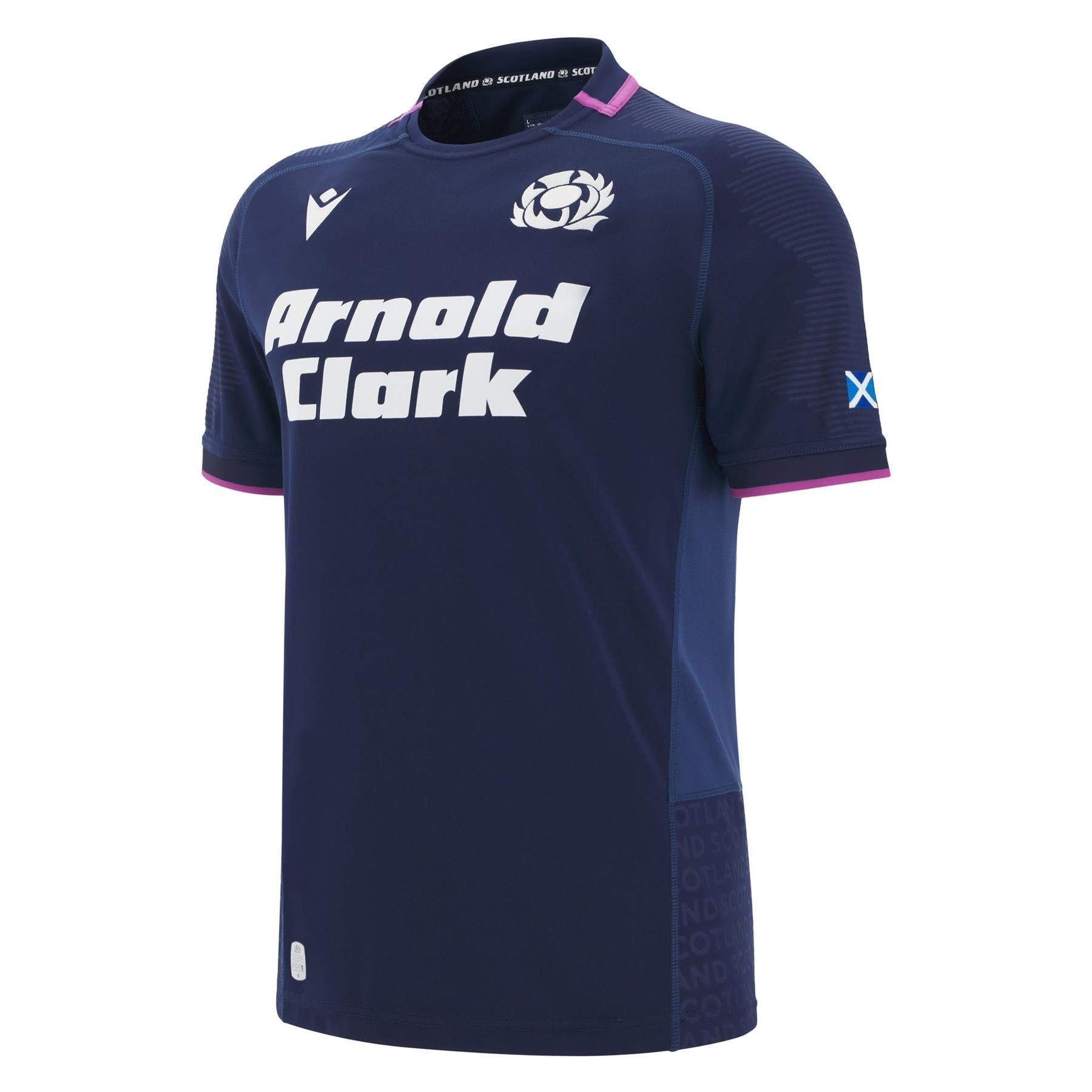 Scotland Rugby Jersey 2025-26. Navy sports jersey with 'Arnold Clark' branding on a white background