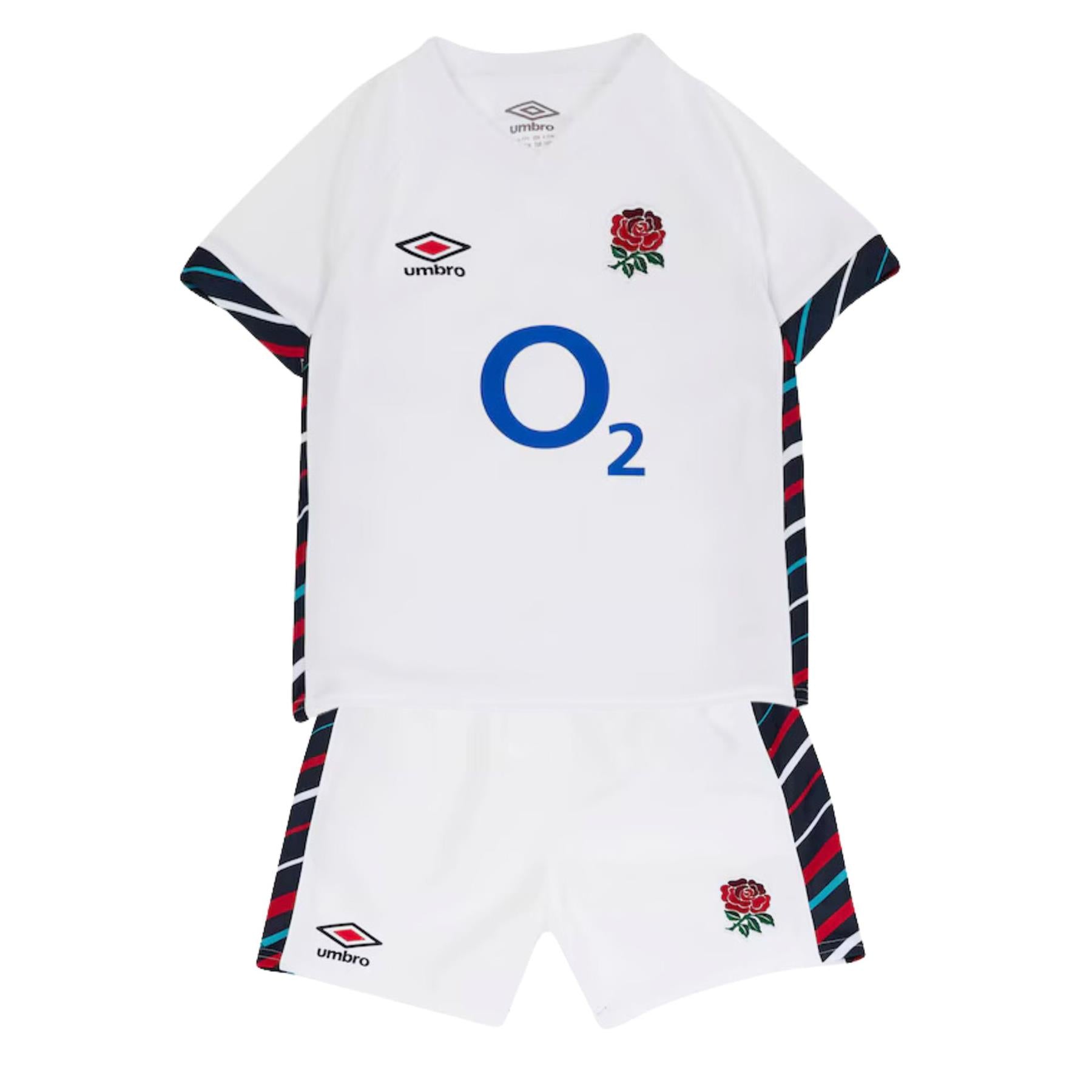 White shirt and shorts mini replica kit. England rugby home infant kit.